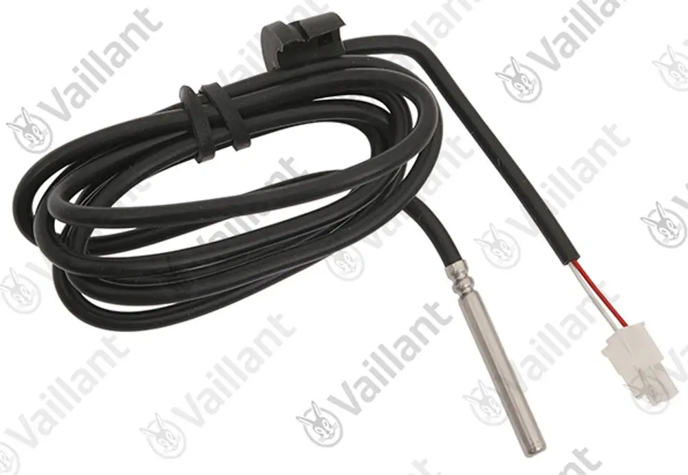 Fühler mit Kabelbaum von Vaillant, ausgestattet mit einem Metallstück zur Temperaturerfassung, angeschlossen an einen Steckverbinder. Kabel verläuft in schwarzer Ummantelung.